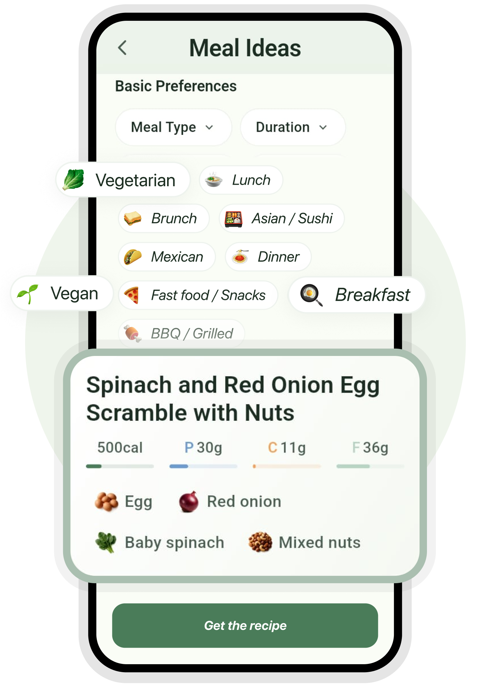 Verdu app meal ideas screen with dietary preference tags and recipe cards