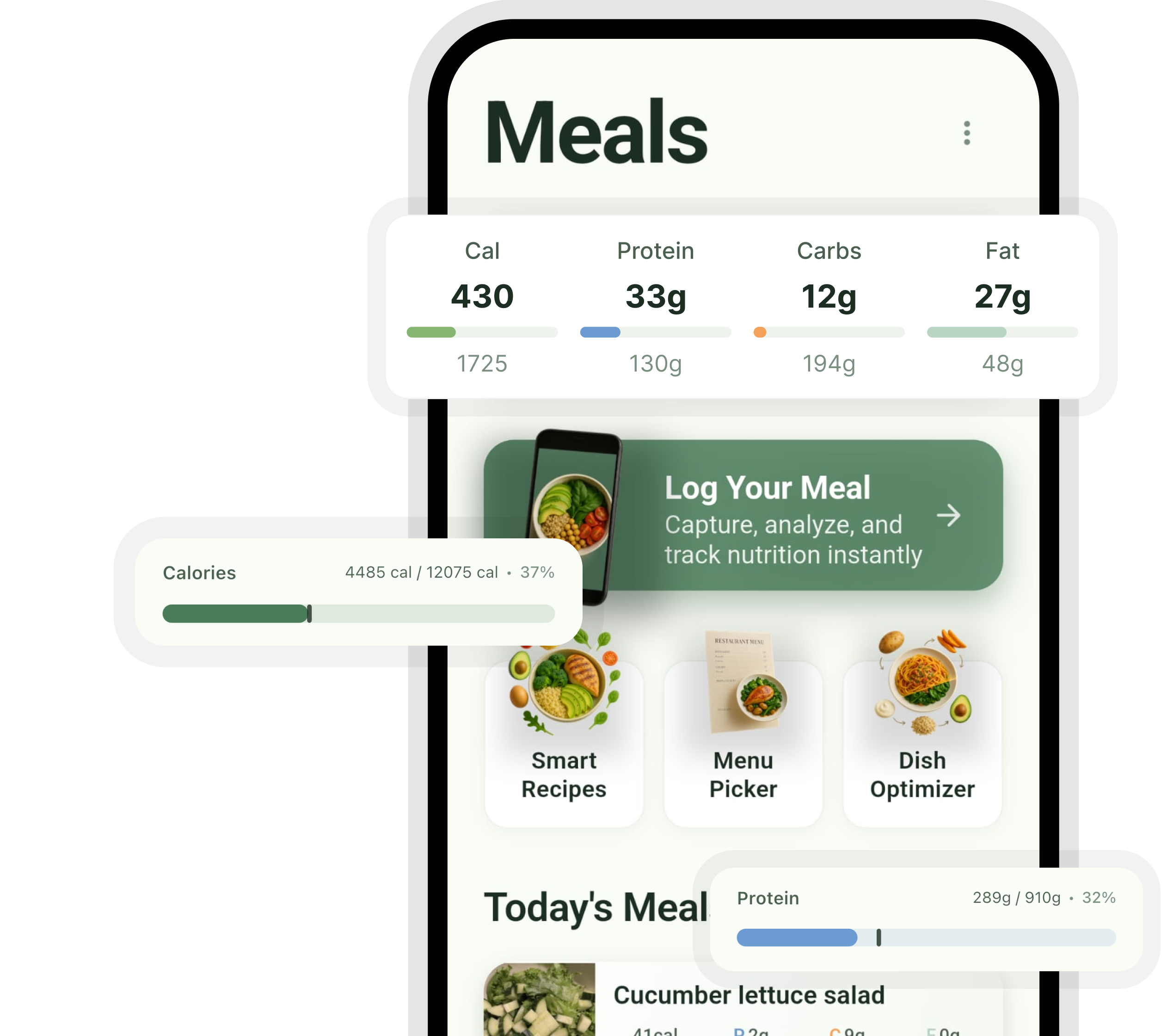 Verdu app interface showing meal tracking and nutrition data with floating widgets