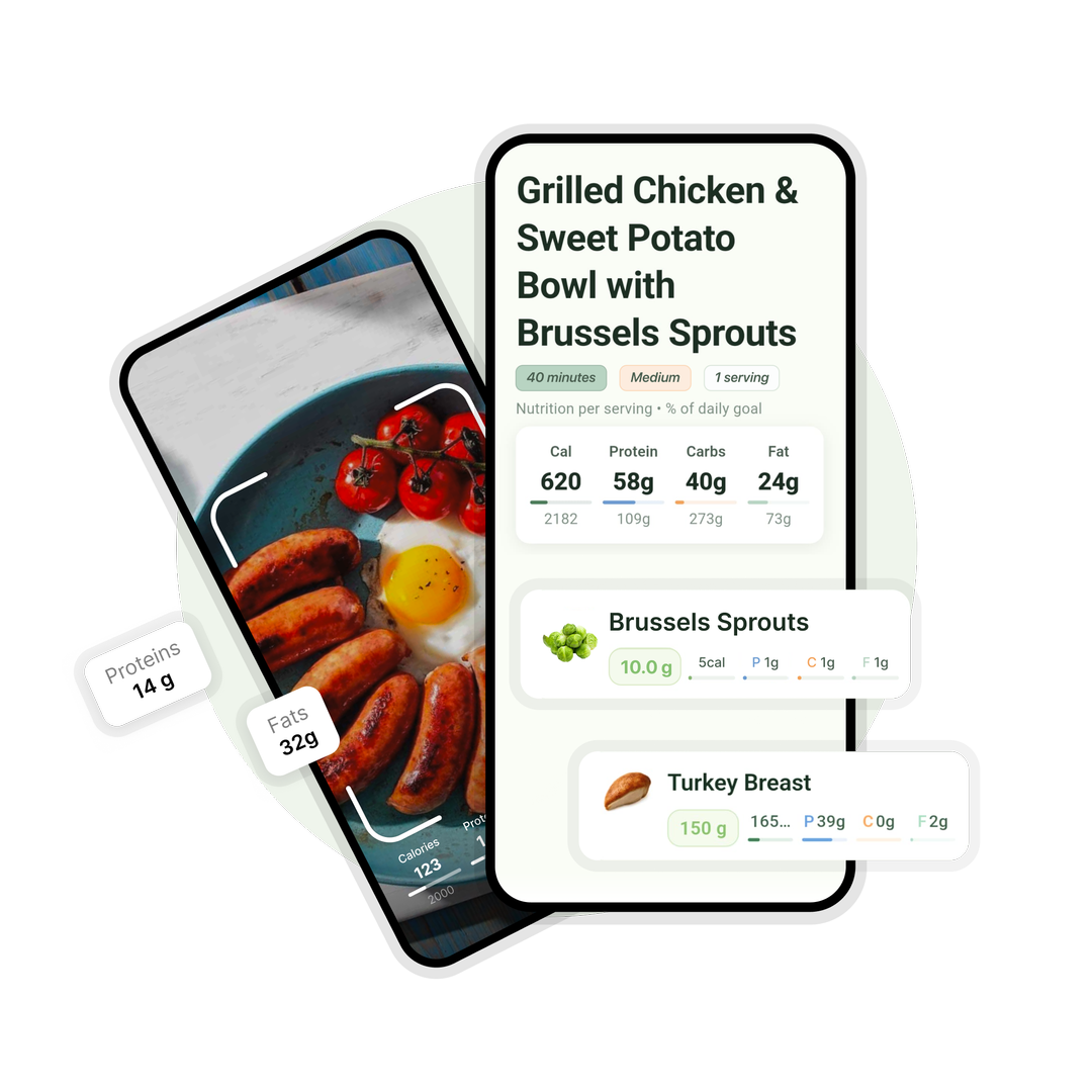 Verdu app recipe and nutrition tracker interface with detailed macro breakdown