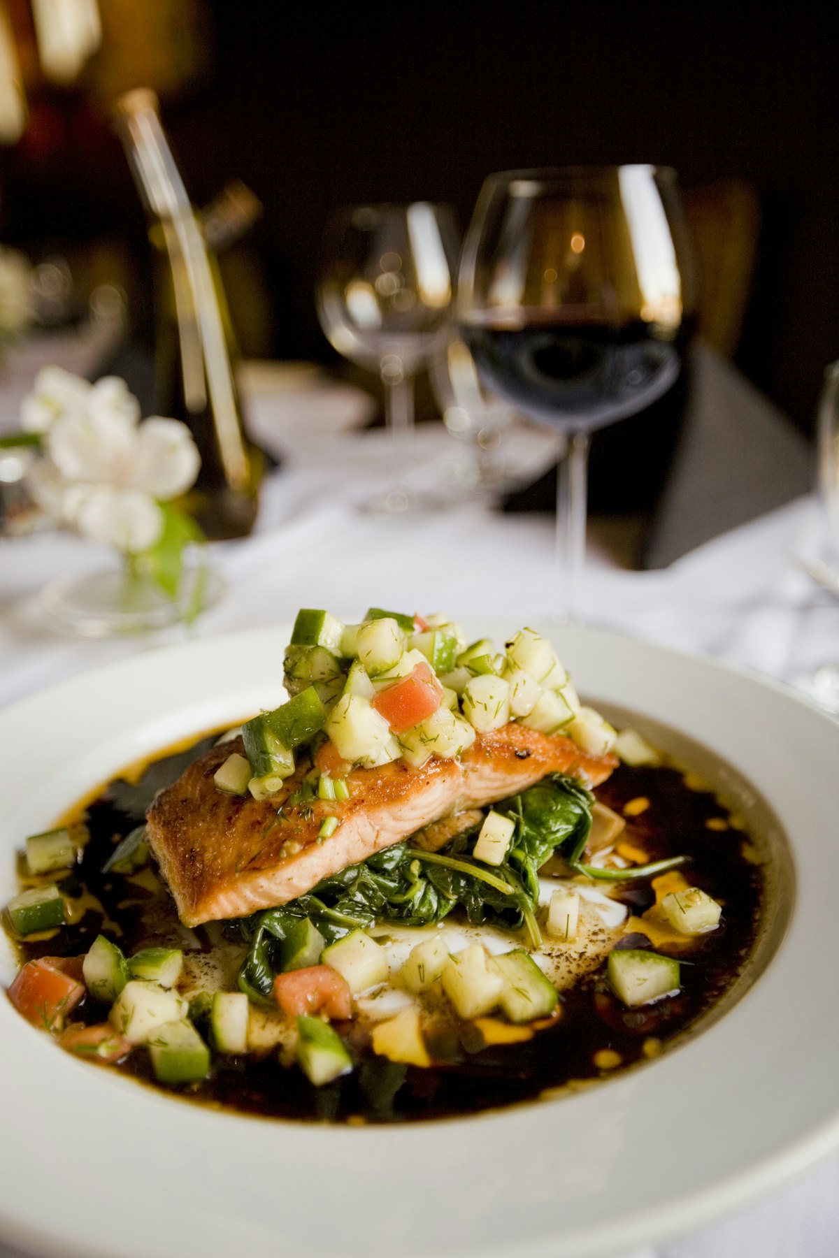 Grilled salmon with vegetables on a plate